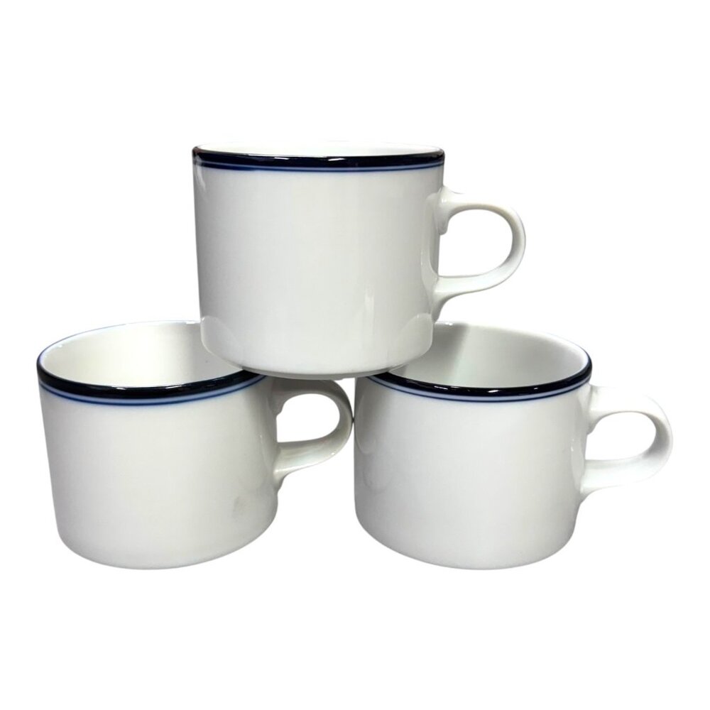 Set Of 3 Dansk Japan Blue Lined & White Ceramic Coffee Mugs Restaurant Ware